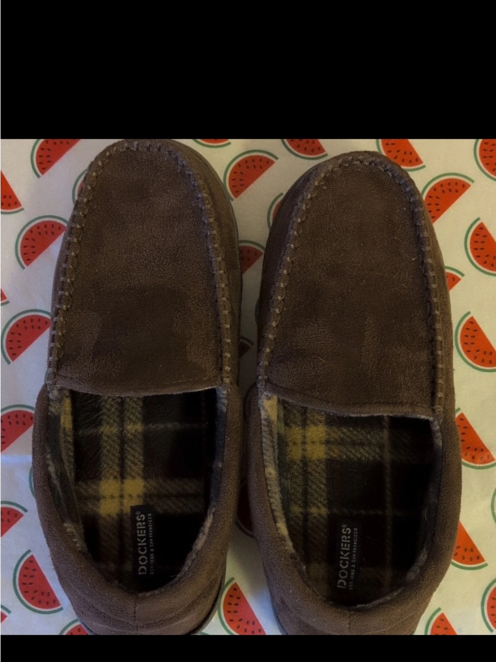 Dockers Men’s Brown Suede Slip-On Loafers with Plaid Lining